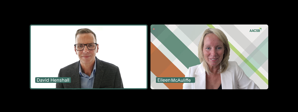 Video boxes of David Henshall (left) and Eileen McAuliffe (right) on a virtual call against a black background