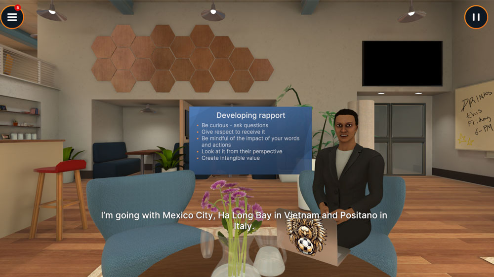 Screenshot from Sage's Negotiation and Conflict Management Skills VR Experience module showing a virtual scene in a lounge setting with a businesswoman avatar seated across a coffee table, featuring a floating blue text box listing key strategies for "Developing rapport," such as asking questions and considering different perspectives.
